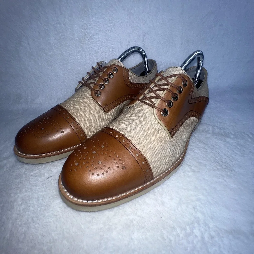 Johnston & Murphy Shoes Mens 8.5 Brown Canvas Cap Toe Derby Dress Oxfords Casual